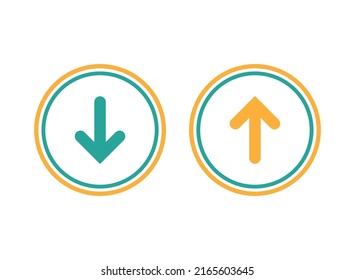 white  up and down arrows in blue circle. flat icon isolated on white. point down button. south sign. Upload icon. Upgrade. download, share