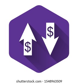 White Up and Down arrows with dollar symbol icon isolated with long shadow. Business concept. Purple hexagon button. Vector Illustration