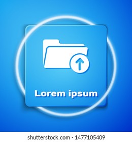 White Download arrow with folder icon isolated on blue background. Blue square button. Vector Illustration