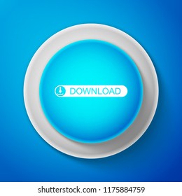 White Download button with arrow icon isolated on blue background. Upload button. Load symbol. Circle blue button with white line. Vector Illustration