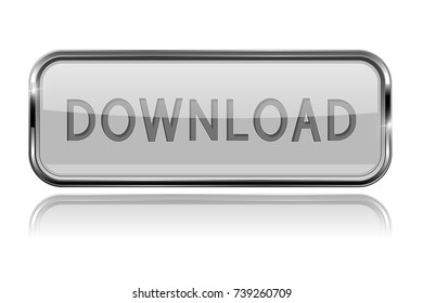 White DOWNLOAD button with bold chrome frame. 3d shiny icon. Vector illustration isolated on white background