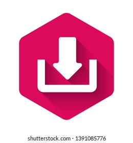 White Download icon isolated with long shadow. Upload button. Load symbol. Arrow point to down. Pink hexagon button. Vector Illustration