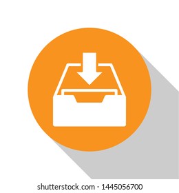 White Download inbox icon isolated on white background. Add to archive. Orange circle button. Vector Illustration
