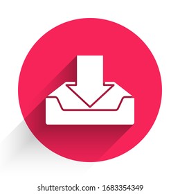 White Download inbox icon isolated with long shadow. Red circle button. Vector Illustration