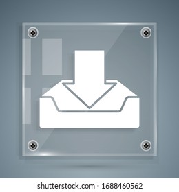 White Download inbox icon isolated on grey background. Square glass panels. Vector Illustration