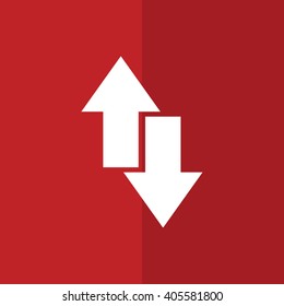 White download upload vector icon. Red background