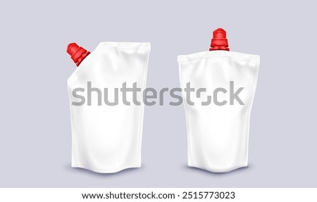 White doypack blank mockup with red cap for sauce and liquid detergent. Realistic 3d vector illustration set of plastic bottle package template. flexible pouch for cosmetic or food products.