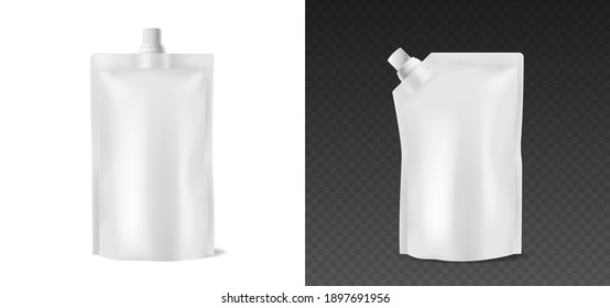 Dopack blanco con taza de alimento, bebida o mockup vacío editable detergente aislado. Bolsas flexibles en blanco con tapa superior y esquina para productos líquidos y marca. Ilustración del vector