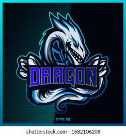 White Dragon esport and sport mascot logo design in modern illustration concept for team badge, emblem and thirst printing. White dragon illustration on dark Light Blue Background. Vector illustration