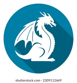 white dragon icon in a blue circle. flat vector illustration.