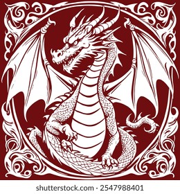 white Dragon with ornament decoration  Vector illustration. isolated red background. suitable for tattoo, tshirts, or prints