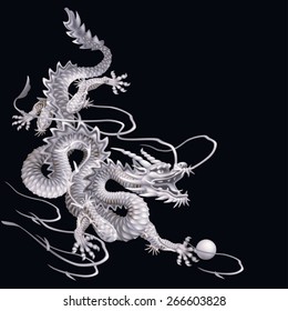 White Dragon running down diagonally on a black background
