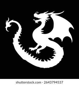 White dragon silhouette vector on black background. Eps 10