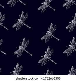 White dragonflies on navy blue vector seamless pattern for decoration, wrapping, textile.