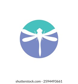 White dragonfly inside a circle with a blue and green background