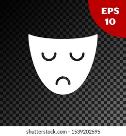 White Drama theatrical mask icon isolated on transparent dark background.  Vector Illustration