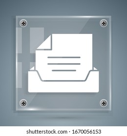 White Drawer with document icon isolated on grey background. Archive papers drawer. File Cabinet Drawer. Office furniture. Square glass panels. Vector Illustration