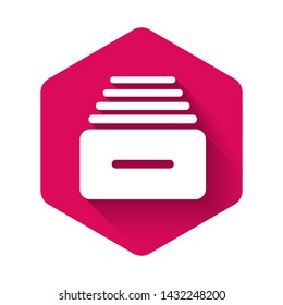 White Drawer with documents icon isolated with long shadow. Archive papers drawer. File Cabinet Drawer. Office furniture. Pink hexagon button. Vector Illustration
