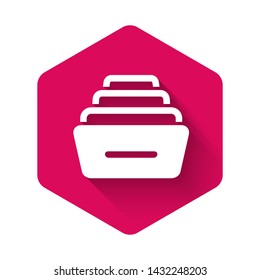 White Drawer with documents icon isolated with long shadow. Archive papers drawer. File Cabinet Drawer. Office furniture. Pink hexagon button. Vector Illustration