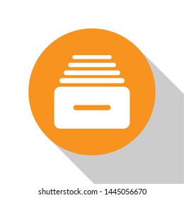 White Drawer with documents icon isolated on white background. Archive papers drawer. File Cabinet Drawer. Office furniture. Orange circle button. Vector Illustration