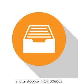 White Drawer with documents icon isolated on white background. Archive papers drawer. File Cabinet Drawer. Office furniture. Orange circle button. Vector Illustration
