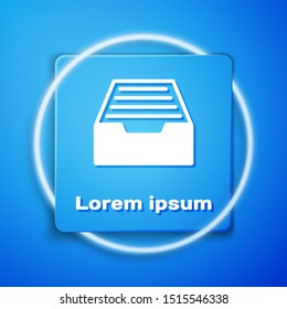 White Drawer with documents icon isolated on blue background. Archive papers drawer. File Cabinet Drawer. Office furniture. Blue square button. Vector Illustration