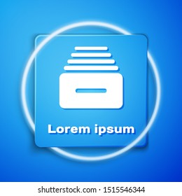 White Drawer with documents icon isolated on blue background. Archive papers drawer. File Cabinet Drawer. Office furniture. Blue square button. Vector Illustration