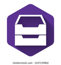 White Drawer with documents icon isolated with long shadow. Archive papers drawer. File Cabinet Drawer. Office furniture. Purple hexagon button. Vector Illustration