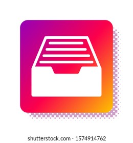 White Drawer with documents icon isolated on white background. Archive papers drawer. File Cabinet Drawer. Office furniture. Square color button. Vector Illustration