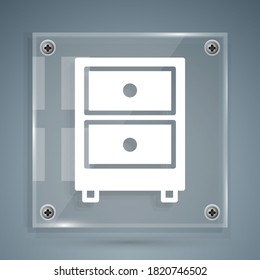 White Drawer with documents icon isolated on grey background. Archive papers drawer. File Cabinet Drawer. Office furniture. Square glass panels. Vector Illustration