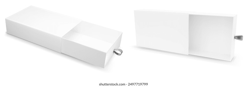 White drawer gift box mock up. Slide cardboard package template design set. Open realistic paper blank pull cover for jewelry or food with silver ribbon. Christmas retail wrapper case for advertising