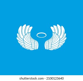 White drawing angel wings and nimbus isolated on blue background. Heaven concept design