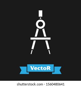 White Drawing compass icon isolated on black background. Compasses sign. Drawing and educational tools. Geometric instrument.  Vector Illustration