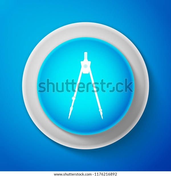 White Drawing compass icon isolated on blue\
background. Compasses sign. Drawing and educational tools.\
Geometric instrument. Education sign. Circle blue button with white\
line. Vector\
Illustration