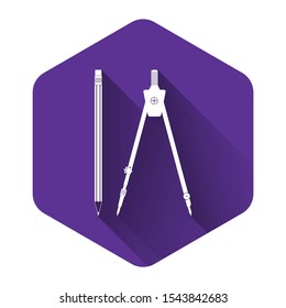 White Drawing compass and pencil with eraser icon with long shadow. Education sign. Drawing and educational tools. Geometric equipment. School office symbol. Purple hexagon button. Vector Illustration
