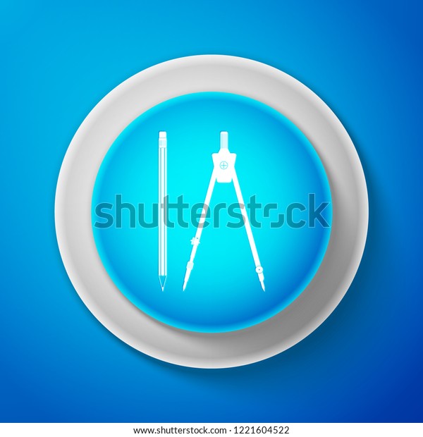 White Drawing compass and pencil with eraser\
icon isolated on blue background. Drawing and educational tools.\
Geometric equipment. School office symbol. Circle blue button.\
Vector Illustration