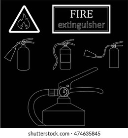 white drawing contours of fire extinguishers on a black background. Sign flammable | Vector Illustration