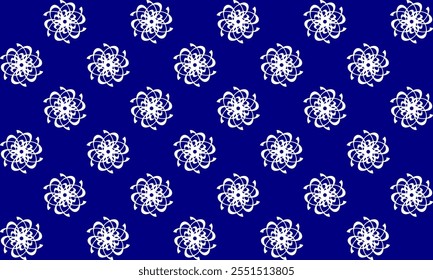 white drawing flower as repeat pattern on blue background, vector, replete pattern image designed for fabric printing, louis vintage, Sakura patter