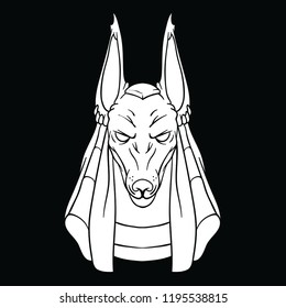 White drawing of god Anubis on black background