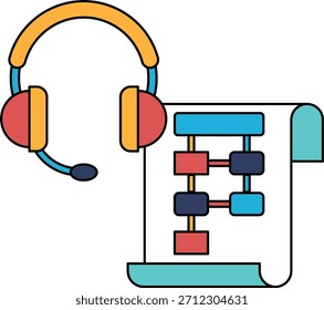 A white drawing of a headset and a piece of paper with a diagram on it. The drawing conveys the idea of communication and organization