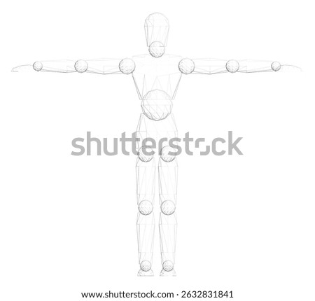 A white drawing of a man with his arms outstretched. The drawing is of a man with a skeleton body and is in black and white