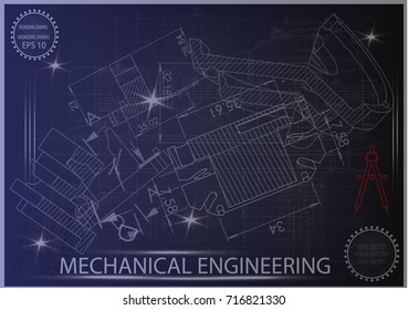 white drawing on a blue background, engineering