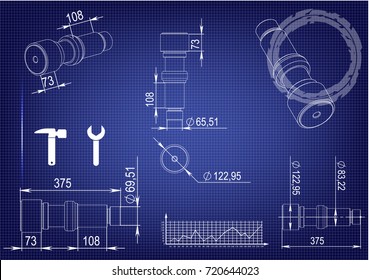 white drawing on a blue background, engineering