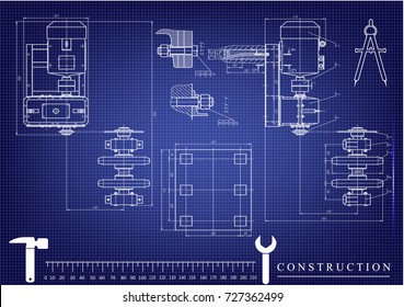 white drawing on a blue background, engineering