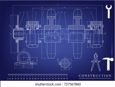 white drawing on a blue background, engineering
