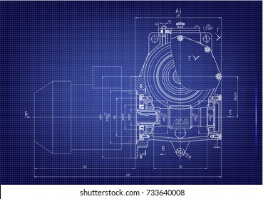 white drawing on a blue background, engineering