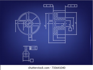 white drawing on a blue background, engineering