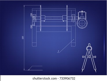 white drawing on a blue background, engineering