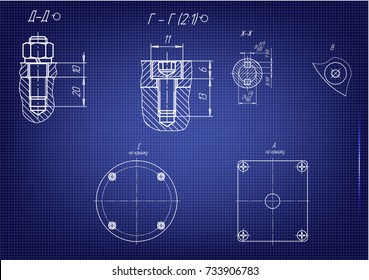 white drawing on a blue background, engineering