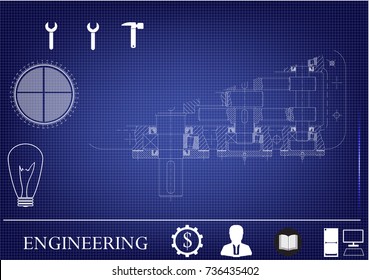 white drawing on a blue background, engineering